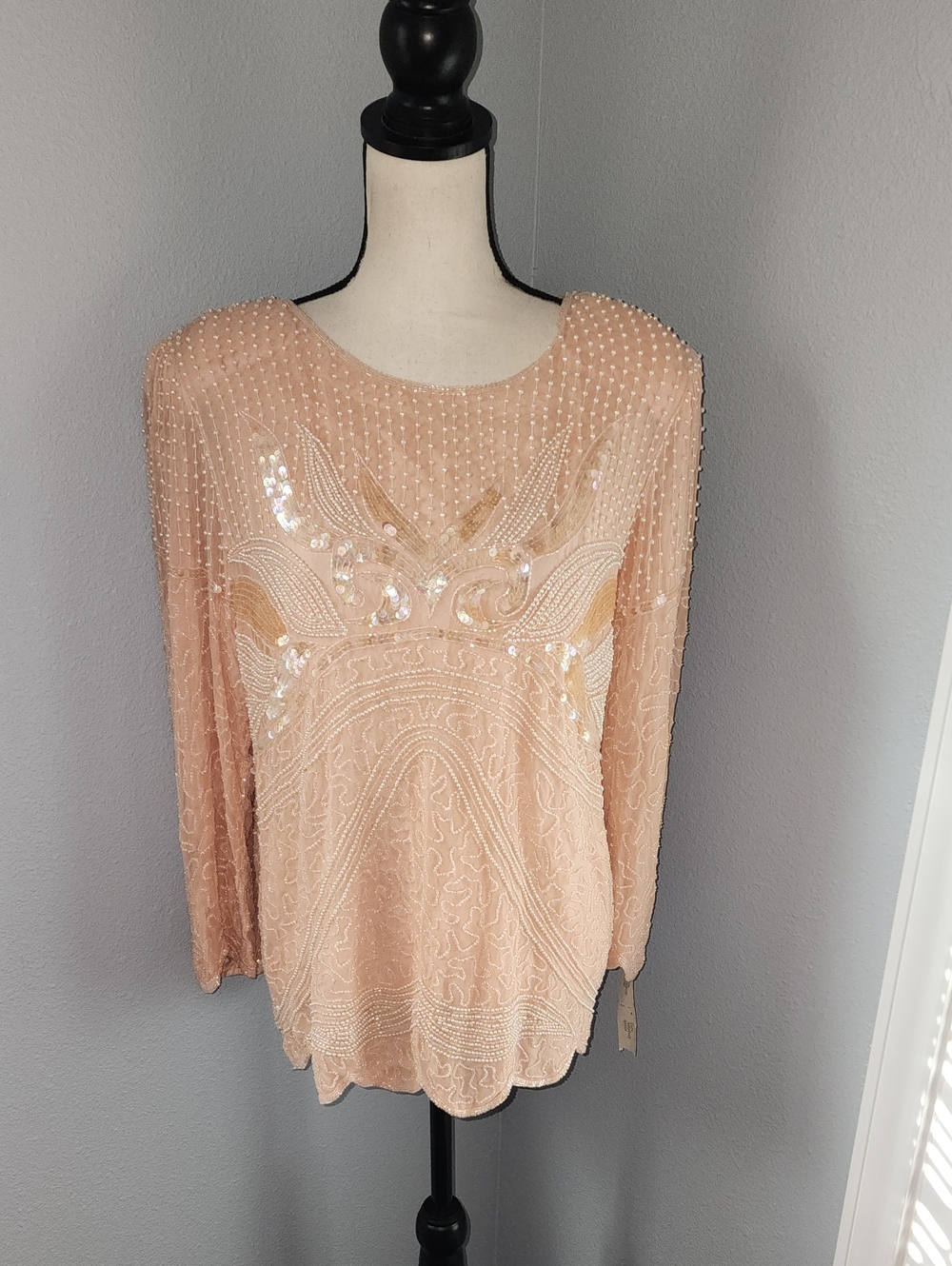 NWT Carolyne Barton Embellished Peach Pearl Beaded Women’s Top Sz L